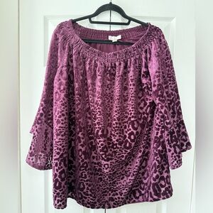 Belle by Kim Gravel Burgundy Leopard Burnout Velvet Peasant Blouse Size 1X